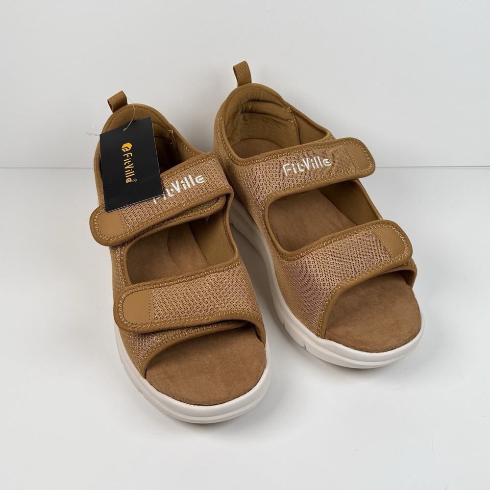 Fitville Diabetic Sandals Khaki Brown Adjustable Straps Swollen Feet Women 11W